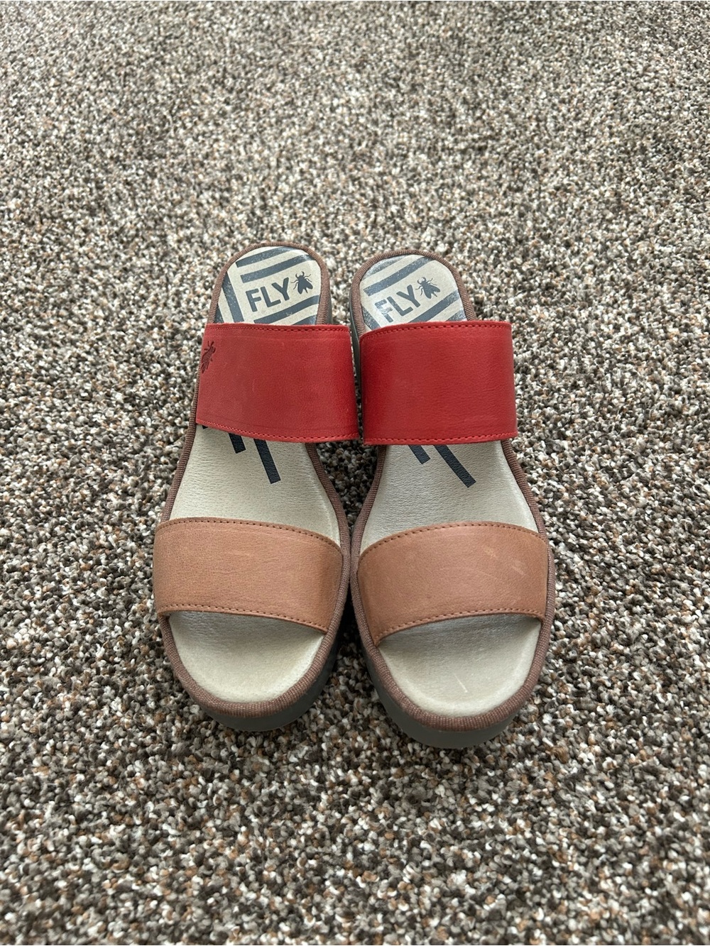 Fly London Two-Tone Red and Tan Slide Sandals